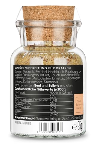 Ankerkraut Bratreis, Gewürzzubereitung für Reis, mit Zwiebel, Knoblauch und Zitronengras, Instant Reis, 95 g im Korkenglas