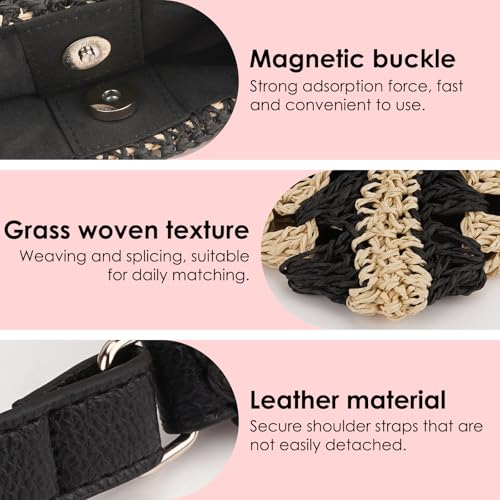 Large Straw Shoulder Bag for Women, Woven Tote with Lining and Magnetic Closure, Lightweight Summer Beach Bag for Travel, Casual Outings (Black, White)3
