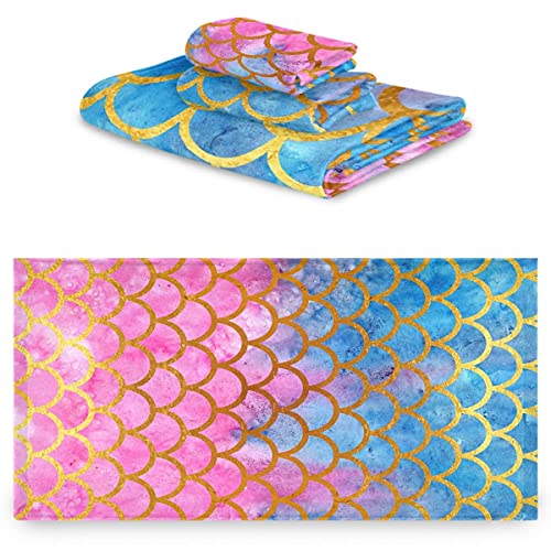 Naanle Chic Fantasy Mermaid Scales Print Soft Luxury Decorative 3 Pieces Set Towels, 1 Bath Towel+1 Hand Towel+1 Washcloth, Multipurpose For Bathroom, Hotel, Gym, Spa And Beach(Pink Blue) #TOP1
