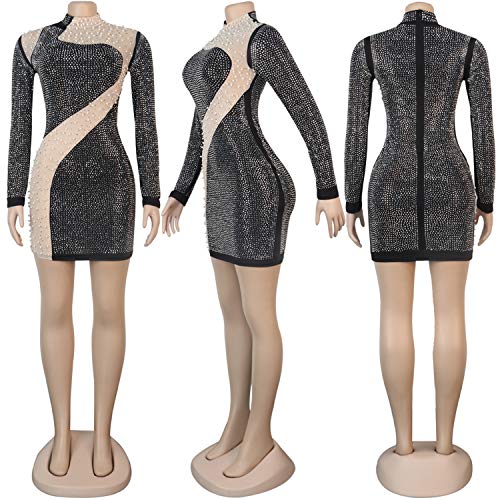 Image of PORRCEY Women's Sexy Elegant Rhinestone Mesh Party Club Night Mini Dress