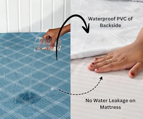 Image of RD TREND Waterproof Fitted Bedsheet for Queen Size Bed (78x60x8 Inches) | Ultra-Soft Glace Cotton Elastic Sheet with 2 Pillow Covers (18x28 Inches) (Blue Check)