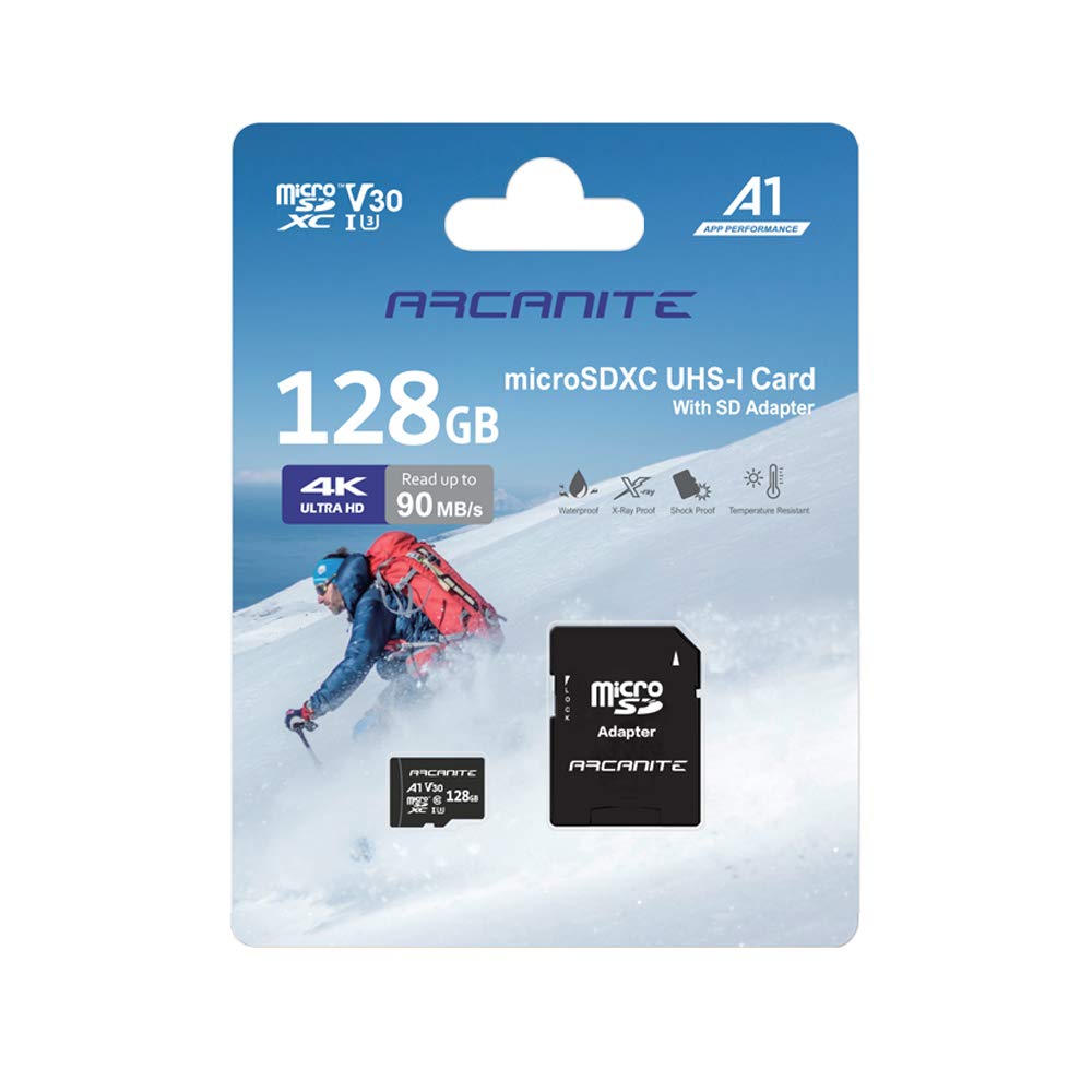 Camera Plus Scheda Di Memoria Micro SDXC 128GB + Adattatore - V30 U1 A1, Lettura 90MB/s, 4K UHD, Impermeabile Per GoPro, Drone, Sicurezza