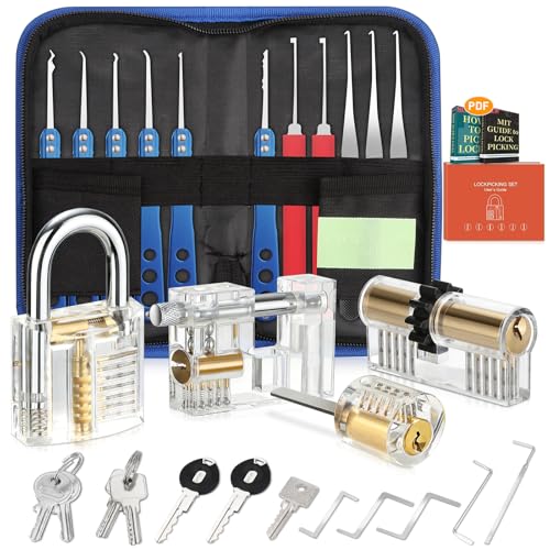33 Pcs Lock Picking Kit [Upgraded Version] Diyife Lock Pick Set with 4 Transparent Training Locks 3 Key Extractors & 8 Locks Picking Tools for Lockpicking Guide for Beginner and Locksmith Training