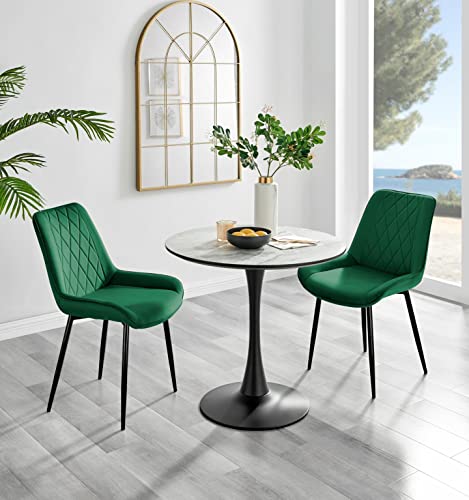 Image of Furniturebox UK - Elina White Marble Effect Melamine Round Dining Table & 2 Green Pesaro Black Leg Chairs