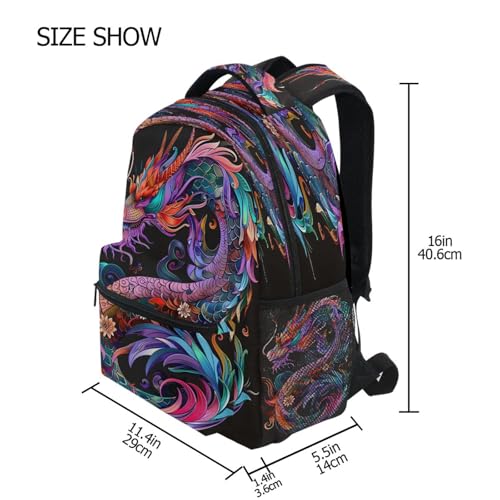 Colorful Dragon Flower Black Backpack for School Boys Girls Adults Kids Bookbag Laptop Bag 15L4