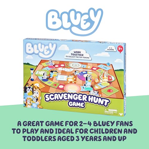 Image of Bluey Scavenger Hunt Board Game, Cooperative Play with 4 Exclusive Mini-Figures, Indoor Games for Kids Ages 5+, Fun Toy Token Collecting Game | Collect 12 toy tokens as a team with Bluey, Bingo, Bandit & Chilli minis; family game for kids ages 3+