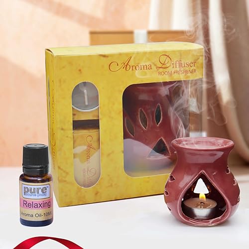 Image of Pure Source India Ceramic Aroma Oil Diffuser Gift Set with 10ML Relaxing Oil & Tealight Candles | 97 Burner for Home Fragrance & Relaxation | Ideal for Gifting & Home Decor (Purple)