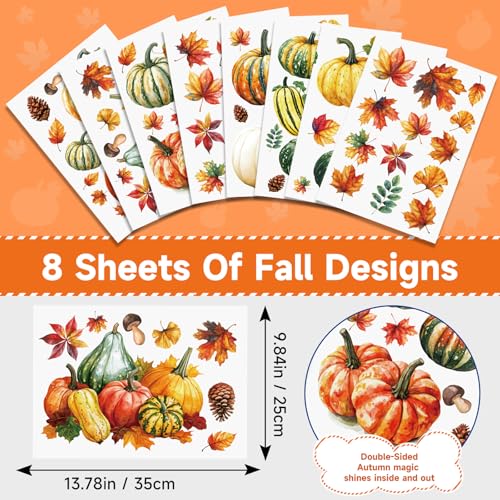 Image of Fall Window Clings Decor Pumpkin & Leaf Autumn Thanksgiving Decorations | 8 Sheets Holiday Stickers for Glass Windows, Autumn Harvest Decals for Home Office School Classroom Farm, Glass Doors Decor