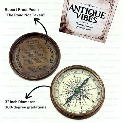 Brújula de latón estilo vintage Antique Vibes con poema de Robert Frost, herramienta de navegación para senderismo y supervivencia, coleccionable artesanal miniatura 3