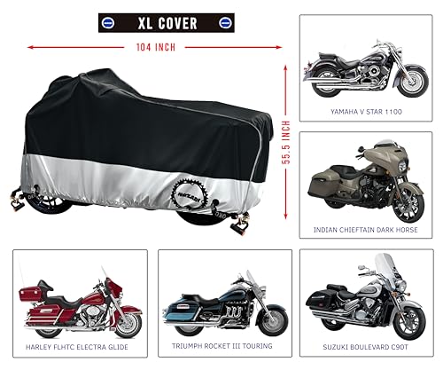 Image of Heavy Duty Motorcycle Cover, Breathable, Reflective Strips, Elastic Bottom, Luggage Strap, Lockable Grom, Durable Sewn Cutouts