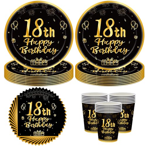 60 peças 18. Geburtstag Partygeschirrr, 18 Geburtstagsdeko Partygeschirr Set, 18th Geburtstag Partygeschirr Set, 18th Schwarz und Gold Party Geschirr Set, Pappteller Becher, Ser, Ser, Ser, vietten
