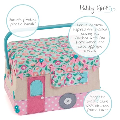 Image of Hobby Gift Caravan Sewing Box Craft Storage Basket with Handle Internal Accessories Tray for Sewing Knitting and Hobby Supplies