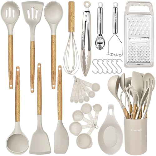 Kitchen Cooking Utensils Set,29 pcs Non-Stick Silicone Cooking Kitchen Utensils Set with Holder, Wooden Handle Silicone Kitchen Gadgets Utensil Set Spatula Turner Spoon Tongs Whisk (Khaki)