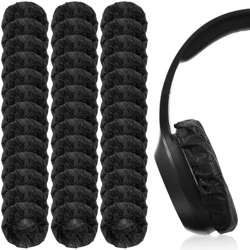 100 Piezas Protector desechable negro para auriculares, cubiertas de almohadilla de 11 cm elásticas de tela no tejida, cubiertas para auriculares para auriculares supraaurales y circumaurales miniatura 1