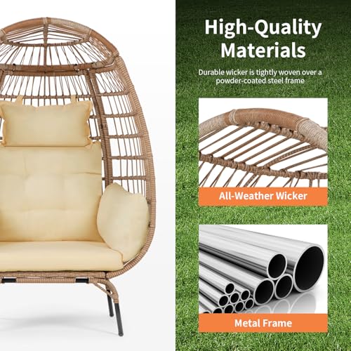 Image of Oversized Egg Chair Outdoor Wicker Egg Chair 352lbs Capacity Outdoor Lounge Chair All Weather PE Rattan Patio Chair with Removeable Thick Cushions for Patio Balcony Backyard Garden Indoor, White