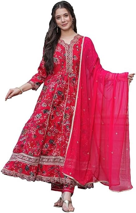 Women's Rayon Anarkali Kurta with Pant & Dupatta Set