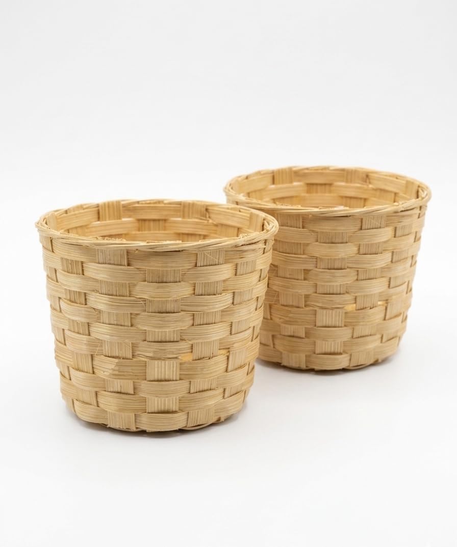 Plain Handcrafted Bamboo Woven Basket for Return Gifts and Craft Work, Natural (Pack of 2)-image-31
