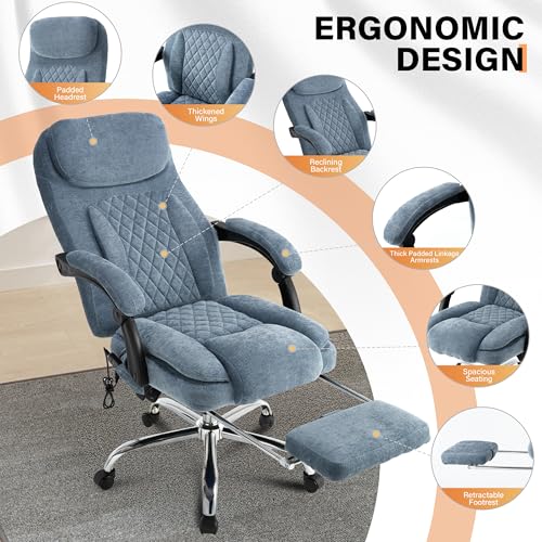 Image of 500LBS Massage Office Chair, Reclining 6 Points Vibration and Heat Desk Chair with Foot Rest, Ergonomic Executive Office Chairs, Comfy Wider & Thicker Seat, Big and Tall Gaming Chair, Fabric Blue