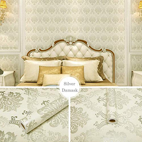 Image of Damask Design Wallpaper | Elegant and Timeless Wall Decor with Textured Finish | Peel-and-Stick and Traditional Options for Living Rooms, Offices, and Accent Walls (Silver-1000 x 45 cm - 45 sqft)