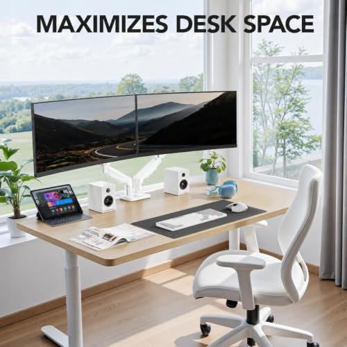 Image of STAR WORK Dual Monitor Mount for 13-32 inch Inch Screens, Adjustable Gas Spring Monitors Arm Desk Stand with C-Clamp & Grommet Base, Motion 360 Swivel & Tilt, Supports 19.8 lbs (Dual White Monitor Arm)