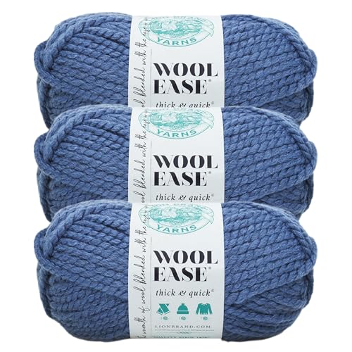 Image of Lion Brand Yarn Wool-Ease Thick and Quick Yarn, Soft and Bulky Yarn for Knitting, Crocheting, and Crafting, 3 Pack, Denim | Super Bulky Wool Acrylic Blend Fiber for Soft Hats, Sweaters, Chunky Blankets, Yarn for Crochet, Knitting, Crafts, Weaving