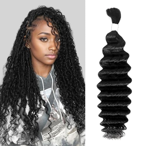 Deep Wave Bulk Human Hair for Braiding 1 Bundle 50g 20 Inch No Weft 10A Brazilian Virgin Curly Human Hair Extensions for Boho Braids Wet Wavy Human Braiding Hair (20",1B) 20 Inch 1B#