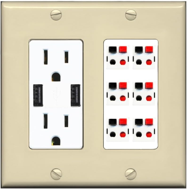 RiteAV 6 Port Speaker Wire Plug Jack Wall Plate - USB A+A Outlet [Ivory/White]