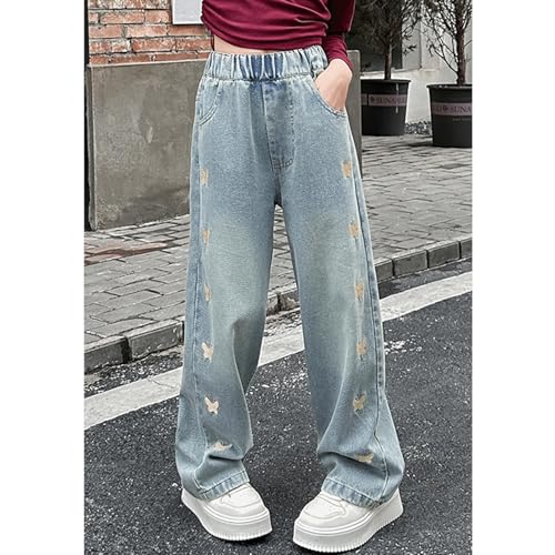 Baggy Jeans for Girls Embroidered Butterflies Adjustable Waist Wide Leg Pants Y2K Cute Jeans for Girls Distressed Washed4