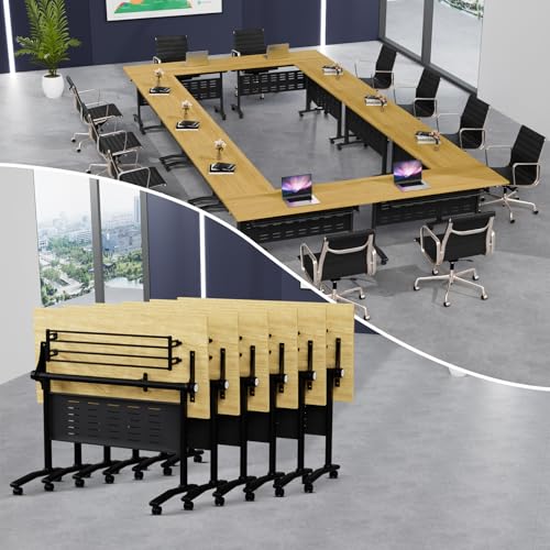 IEDZBEQ Conference Room Table,Conference Table with Wheels,Foldable Meeting Tables for 2-16 Persons,Flip Top Large Seminar Table for Office,Schools,Training Rooms (4, A-Yellow, 55in”)