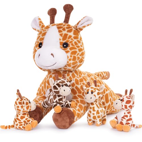 MorisMos 55cm lang riesen Giraffe Kuscheltier groß, Giraffe Stofftier XXL mit 4 Plüschbaby im Bauch, liegend Plüsch Hirsch Rehteddy,Geschenk Kinder Mädchen Jungen