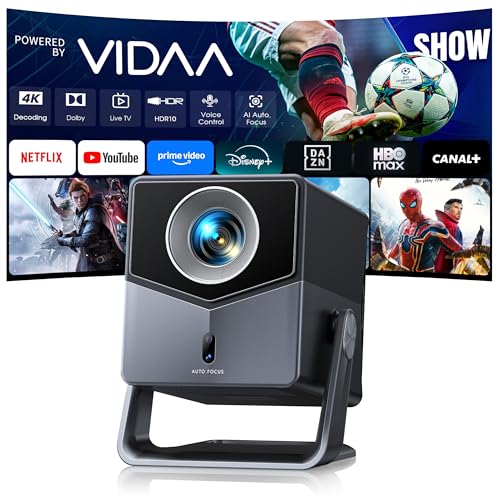 Proyector 4K【Netflix Incluido/Canal de TV/Dolby】 Proyector con Sistema rápido, Auto Focus/Keystone,Control Vocal,HDR10,Bluetooth 5.4 y rotación de 200°,proyectorportátil para Cine en Casa/Techo