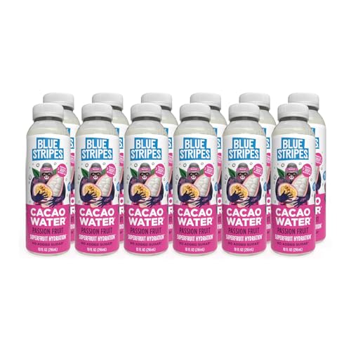 Image of Blue Stripes Passion Fruit Cacao Water - Hydration Drink with Natural Electrolytes & Antioxidants | Cold Pressed Cacao Juice, Fruit Juice & Water | No Sugar Added & Plant Based | 10 Fl Oz (12 Pack)