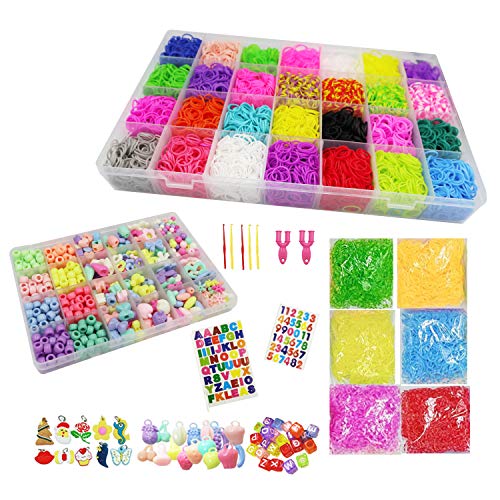 Kin Loya Rubber Band 15000pcs Loom Kit Refills Set for Kids Bracelet Loom Craft 34 Colors with 500pcs S Clips Colorful Beads Alphabet Beads Loom Charms