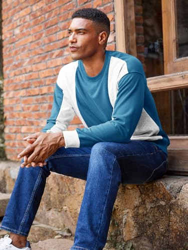 Image of Runcati Mens Color Block Sweatshirt Pullover Crewneck Long Sleeve Fleece Casual Ribbed Patchwork Fall Tops