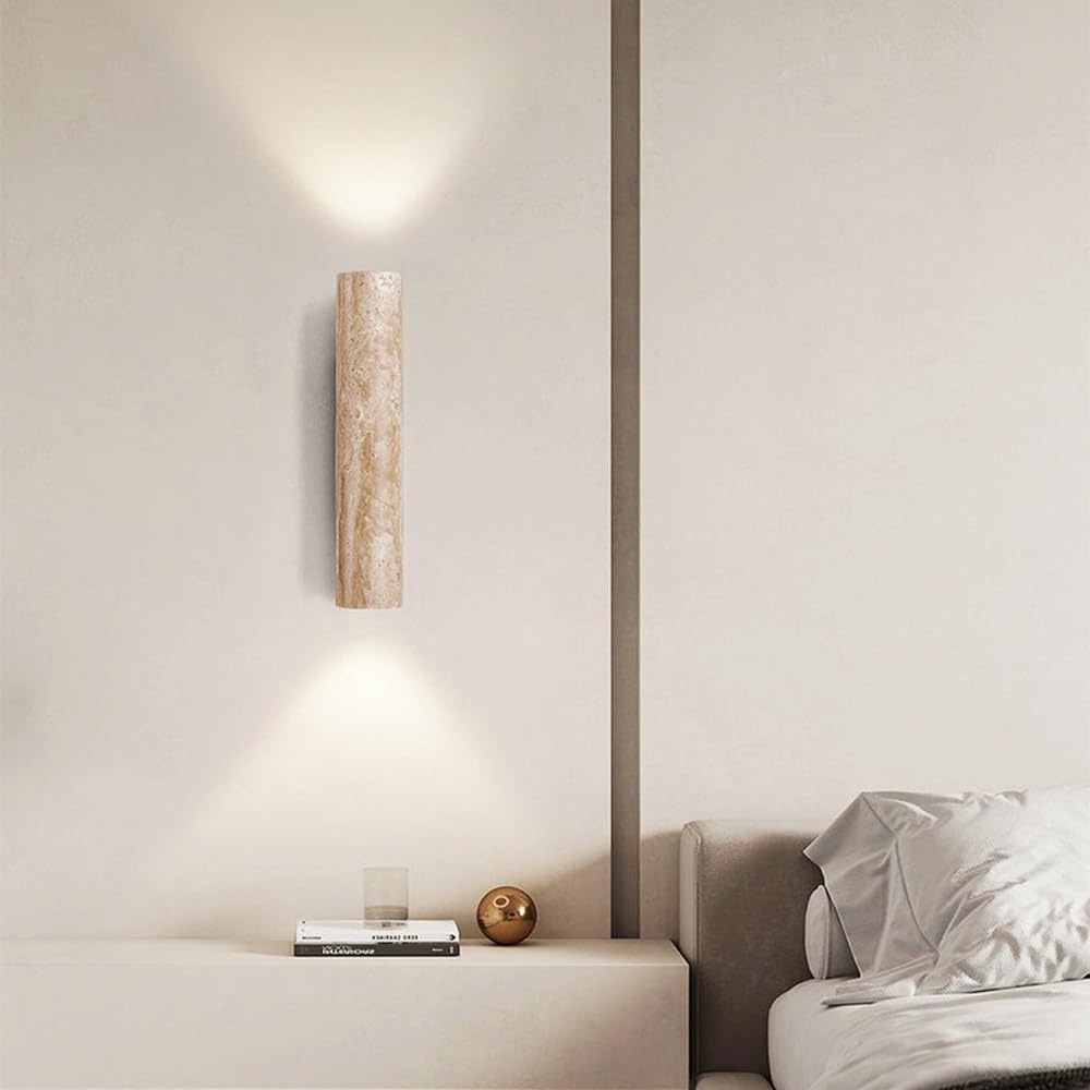 Applique da Parete in travertino, Lampada con Montaggio in Pietra Naturale, Lampada Artistica in Stile Giapponese Wabi-Sabi, Cilindro in Legno retrò con Movimento Verticale per ing