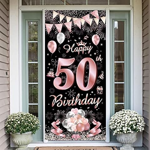 Sowide 50th Birthday Banner, 50th Birthday Rose Gold Party Decorations Backdrop and Door Banner for Womens,50th Birthday Party Decoration Rose Gold Fabric Backdrop Cover