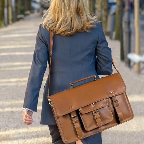 18-Inch Premium Leather Messenger Bag for Men & Women - Leather Laptop Bag, Crossbaody Bag, Handbag, Shoulder Bag, Travel Bag (Unisex Messenger Light Brown)3