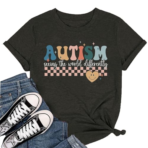 YZMI Autism Acceptance Shirt Seeing The World Differently Autism Mama Shirts Cute Tees Grey XL