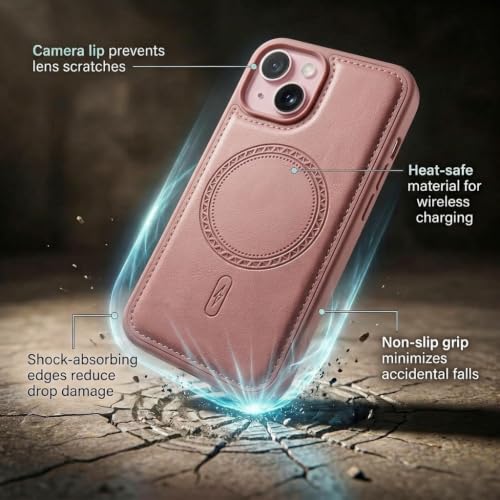 Image of amazon basics Premium PU Leather Case for iPhone 15, MagSafe Compatible Magnetic Ring, Sleek Protective Back Cover - [Pink]