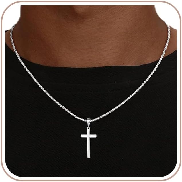 925 Sterling Silver Cross Necklace for Men, 2.5mm Rope Chain Cross Pendant Necklace for Women, Mens Silver Necklace 16 18 20 22 24 Inches, Christian Gifts for Him Father Hunband