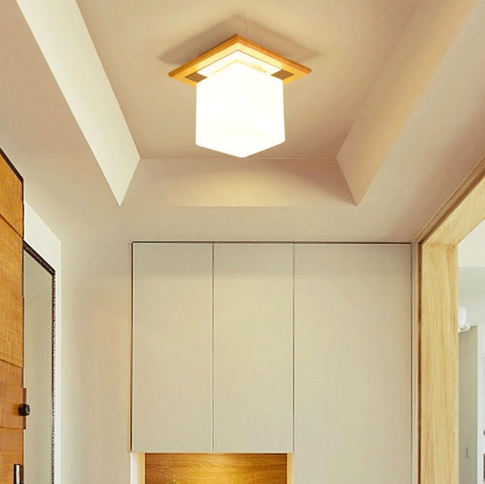 Nowoczesna prosta lampa sufitowa z drewnianą podstawą z kwadratowym szklanym kloszem Oświetlenie sufitowe do sypialni, kuchni, przedpokoju, pralni
