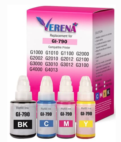 Image of Verena GI-790 Refill Ink Compatible for Canon G Series G1000 G1010 G2000 G2002 G2010 G2012 G3000 Printers Black + Tricolour Combo Pack