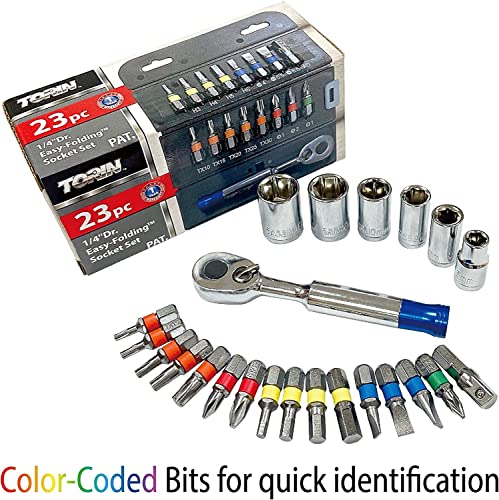 Image of Torin THT-23BRS01B Reversible 72 teeth Geared Ratchet for Socket and Bits Set, 1 /4 inch Drive Metric w /Easy-Folding Case, 23-Piece