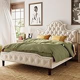 LIKIMIO Queen Size LED Bed Frame, Camas Queen with 58' Tall Tufted Headboard, Sturdy and Noiseless, No Box Spring Required, Cream