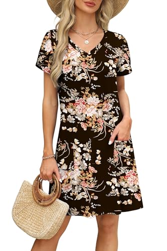Image of OFEEFAN Womens Summer Dresses 2026 Tulip Petal Short Sleeve V Neck Loose Swing Sundresses with Pockets Plain /Print
