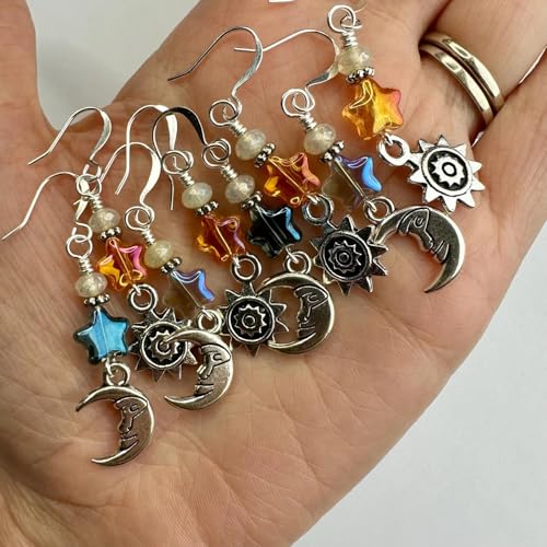 Vintage Sun Moon Star Dangle Earrings for Women,Boho Celestial Jewelry Asymmetric Drop Earrings Silver Retro Earrings Gifts4