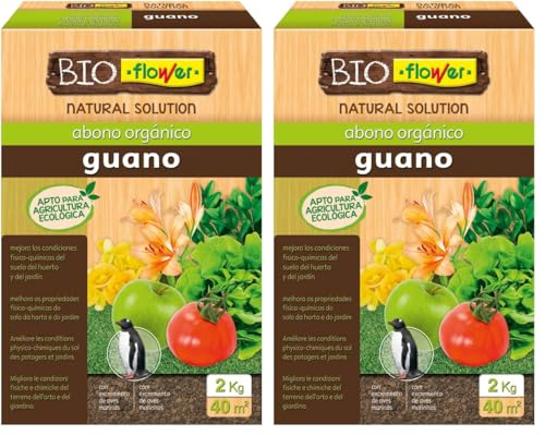 Flower - Abono Orgánico Guano 100% Natural de 2 Kg | Apto para Agricultura Ecológica | Fertilizante con Nitrógeno, Fósforo y Potasio | Abono Sólido, 20.4x7.5x31 cm (Paquete de 2)