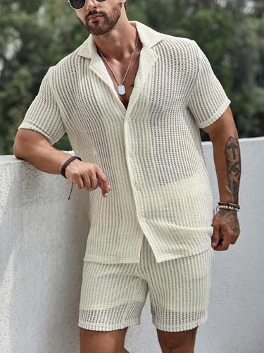 GORGLITTER Men's Cruise Attire 2 Piece Summer Vacation Outfit Hollow Out Short Sleeve Button Down Shirt Shorts Set4