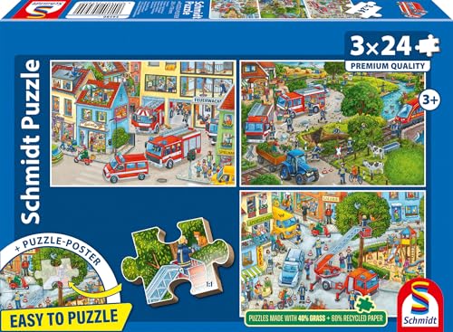 Schmidt 56580 Puzzle pour Enfant, 3 x 24 pièces Motif Pompiers