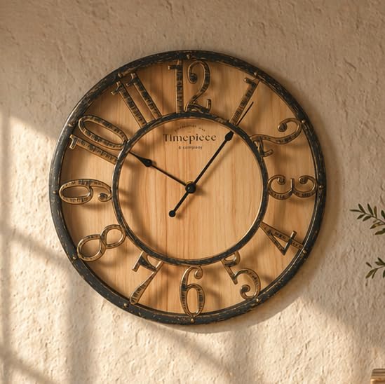K&L Wall Art grande horloge murale vintage industrielle en bois avec aspect métal sans bruit de tic-tac (Farmhouse Brown, Ø 50cm)